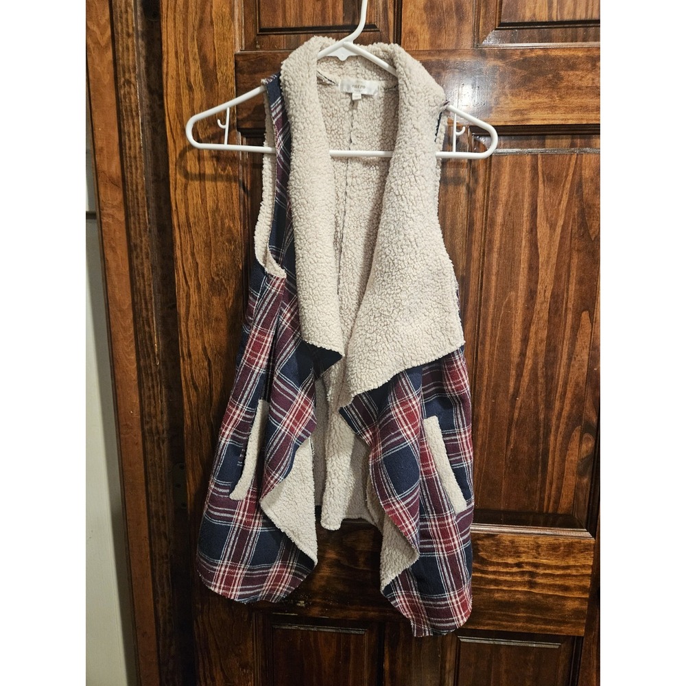 Entro Faux Shearling Vest Plaid Winter Red Navy White Small